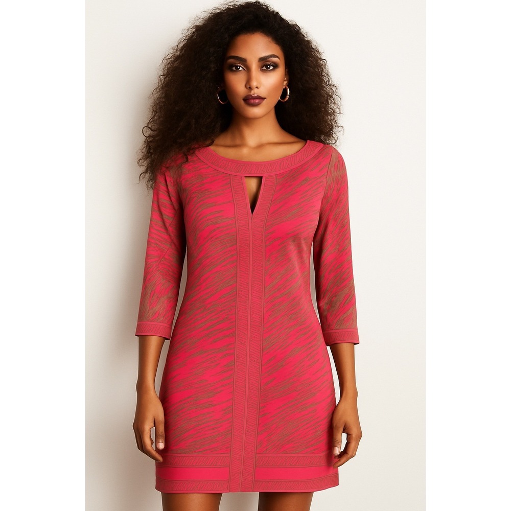 BCBG‎ Max Azria Pink Brown Abstract Print Keyhole Neck 3/4 Sleeve Dress Women - Picture 5 of 5